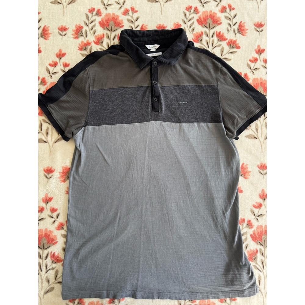 Calvin Klein Mens Slim Fit Colorblock Polo Shirt Grey Black Cotton Large